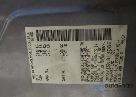 2009 Nissan Maxima 3.5 Sv z USA, uszkodzony, nr VIN 1N4AA51E69C819086